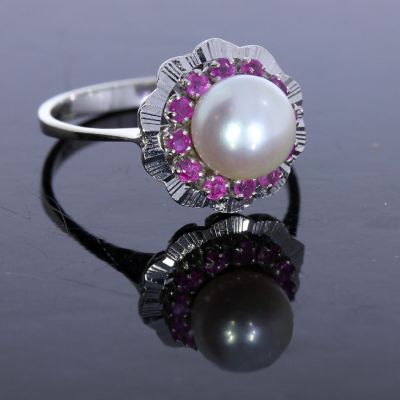 Ring Weißgold 750 18 Karat mit Perle und Farbsteine
