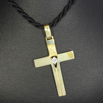 Kreuzanhänger 585 14 Karat Gelbgold mit Farbstein weiß