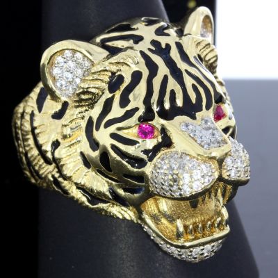 Tigerkopf‑Ring aus 585er Gold mit Zirkonia und Rubinen
