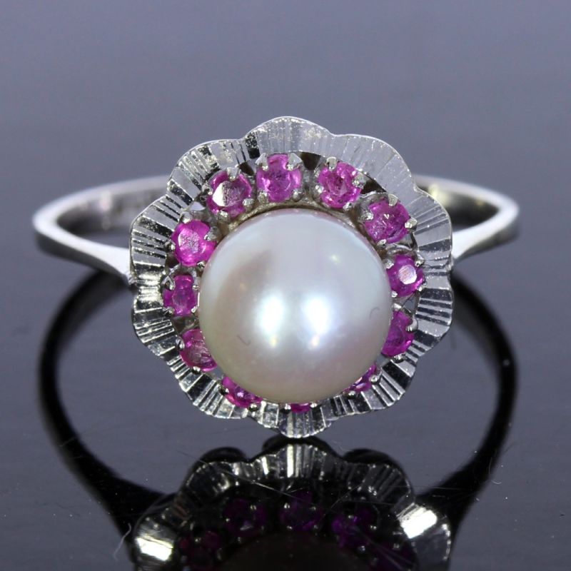 Ring Weißgold 750 18 Karat mit Perle und Farbsteine