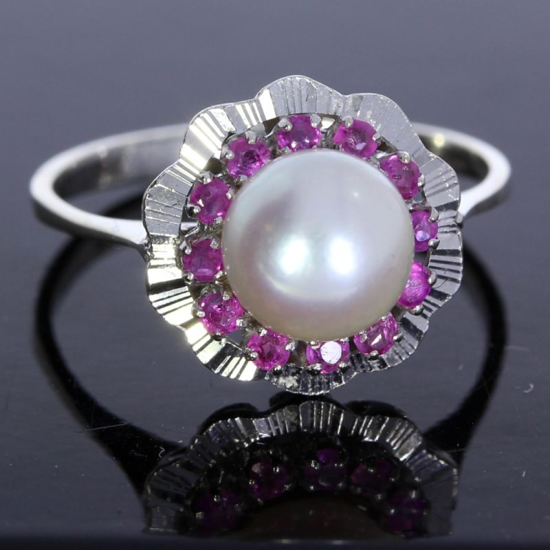 Ring Weißgold 750 18 Karat mit Perle und Farbsteine