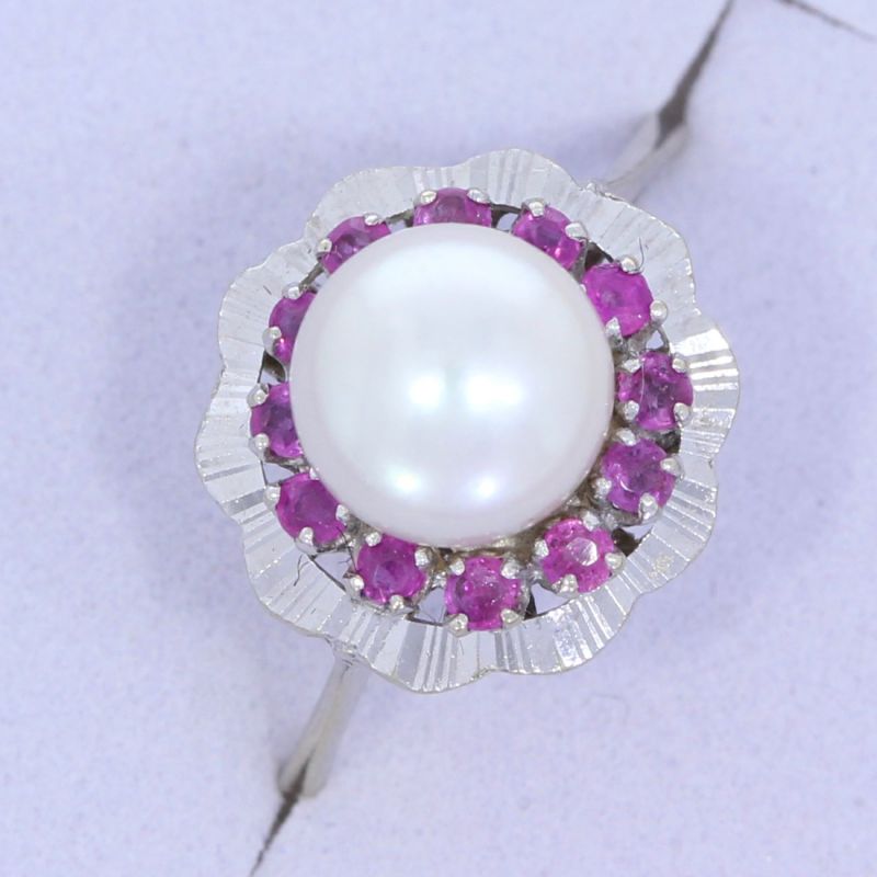 Ring Weißgold 750 18 Karat mit Perle und Farbsteine