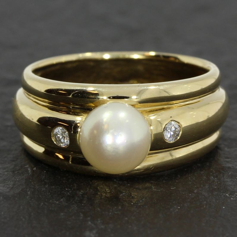 Entzückender Diamantring 585 14 K Gelbgold mit Zuchtperle 