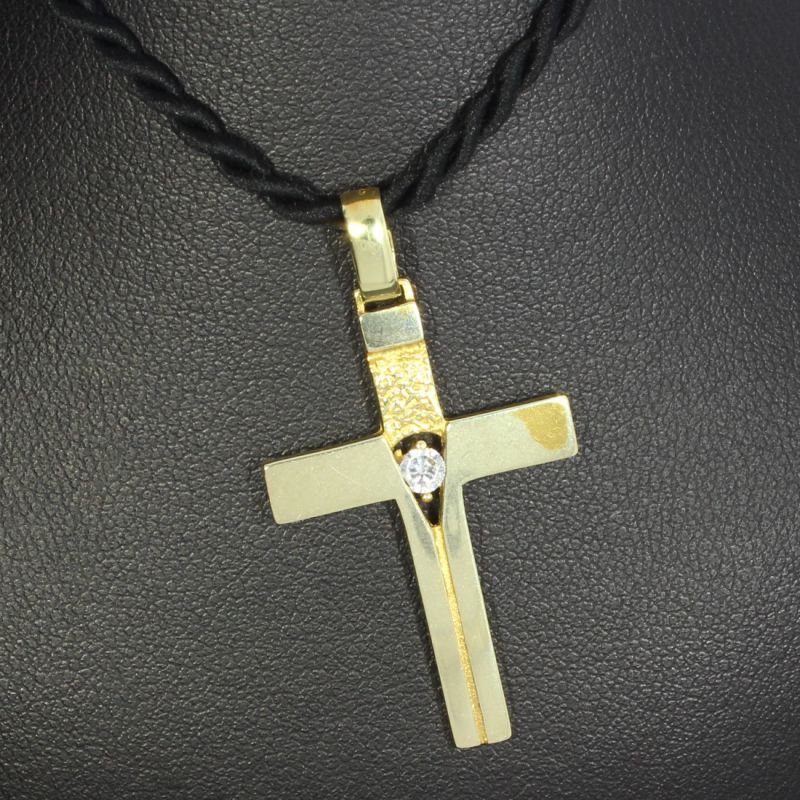 Kreuzanhänger 585 14 Karat Gelbgold mit Farbstein weiß