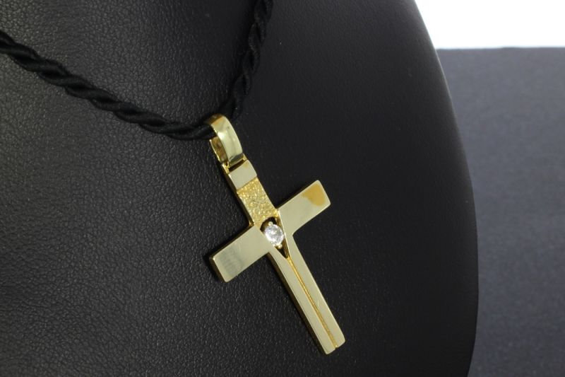 Kreuzanhänger 585 14 Karat Gelbgold mit Farbstein weiß