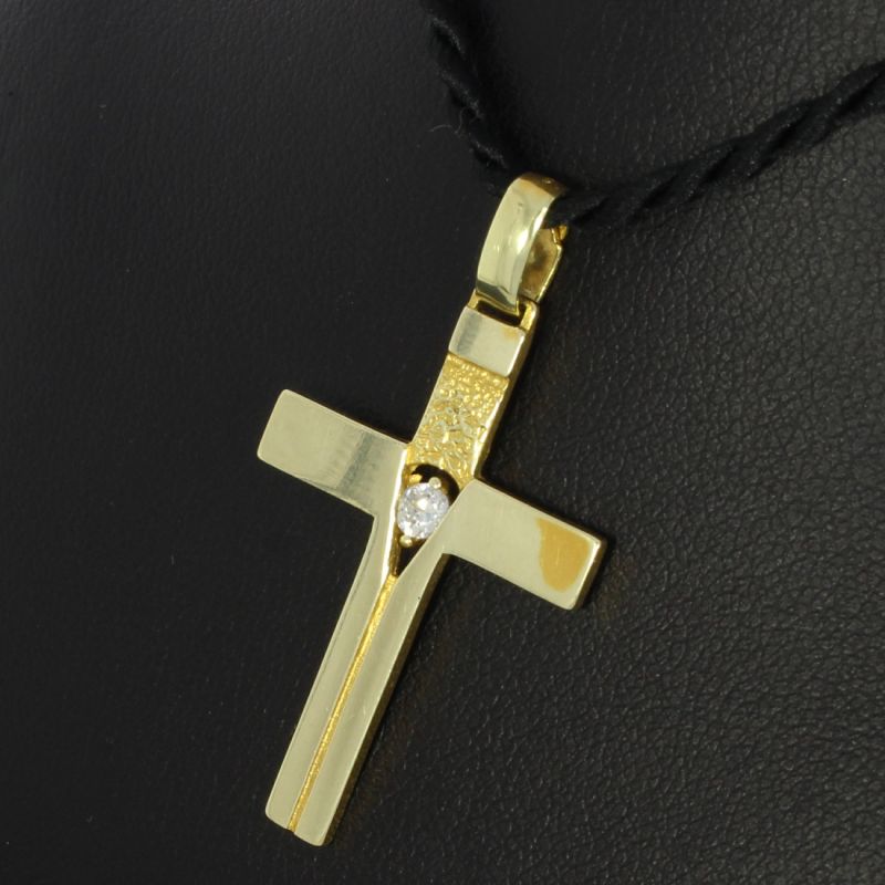 Kreuzanhänger 585 14 Karat Gelbgold mit Farbstein weiß