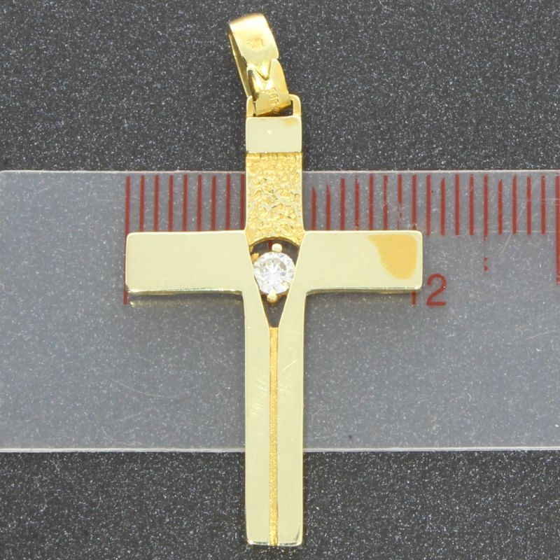 Kreuzanhänger 585 14 Karat Gelbgold mit Farbstein weiß