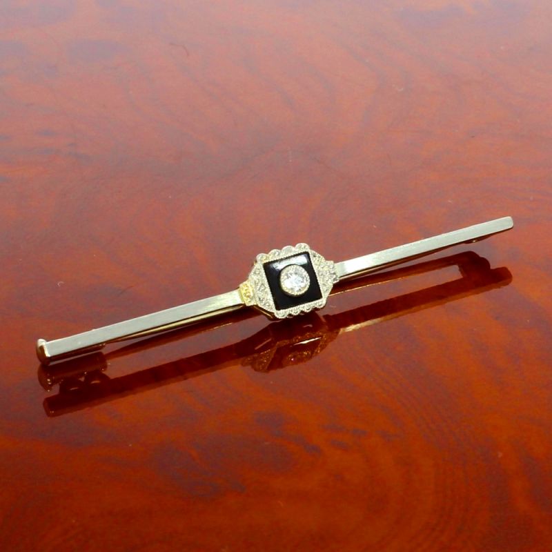 Diamant Onyx Brosche Weißgold 750 18 Karat 0,05 Ct 