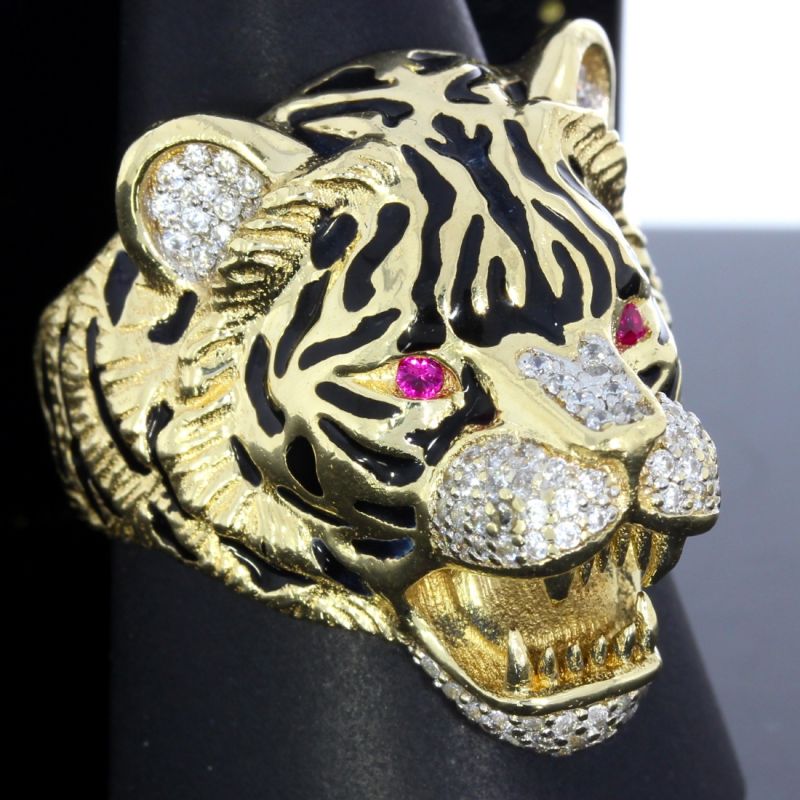Tigerkopf‑Ring aus 585er Gold mit Zirkonia und Rubinen