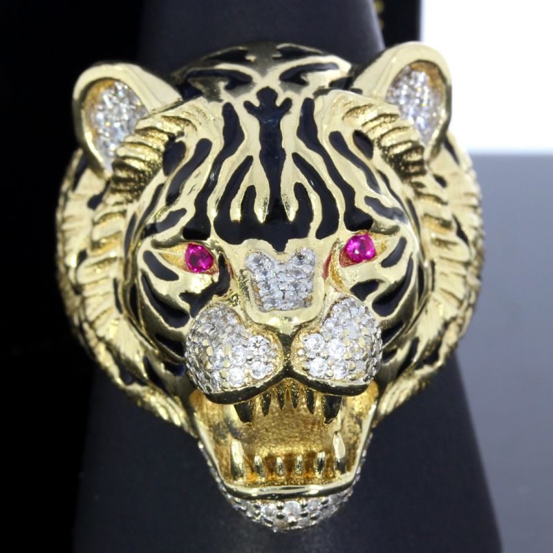 Tigerkopf‑Ring aus 585er Gold mit Zirkonia und Rubinen