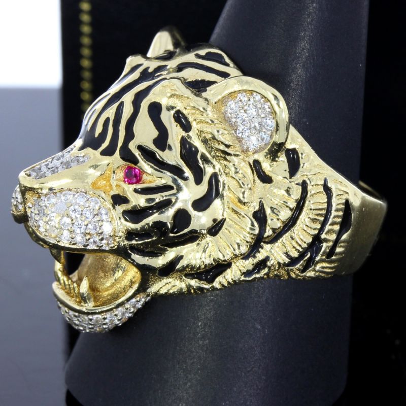 Tigerkopf‑Ring aus 585er Gold mit Zirkonia und Rubinen