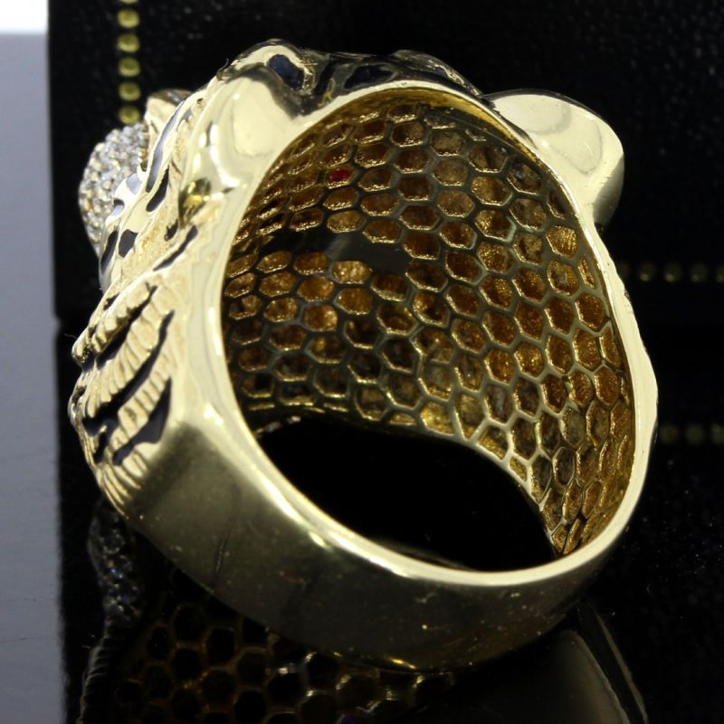 Tigerkopf‑Ring aus 585er Gold mit Zirkonia und Rubinen