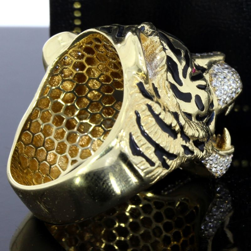 Tigerkopf‑Ring aus 585er Gold mit Zirkonia und Rubinen