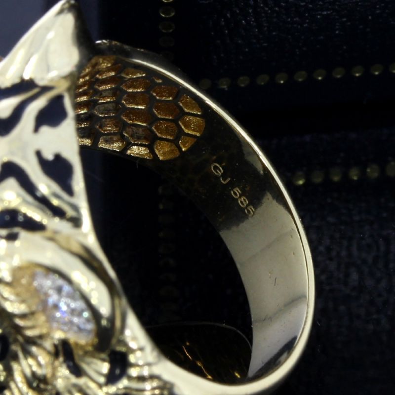 Tigerkopf‑Ring aus 585er Gold mit Zirkonia und Rubinen