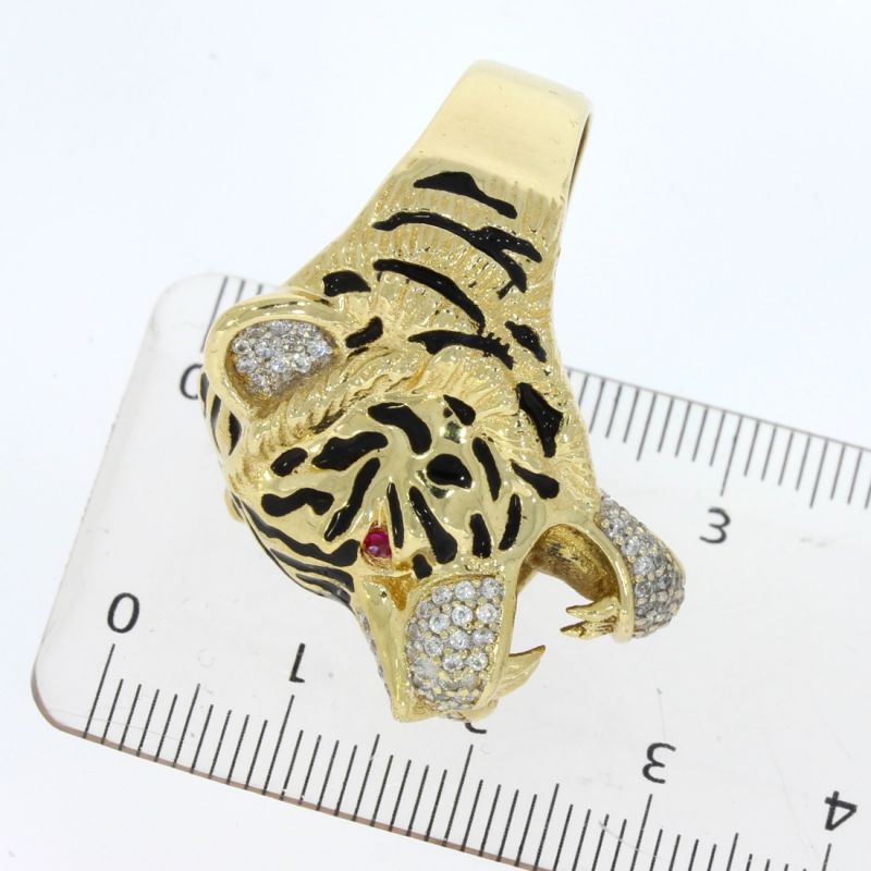 Tigerkopf‑Ring aus 585er Gold mit Zirkonia und Rubinen