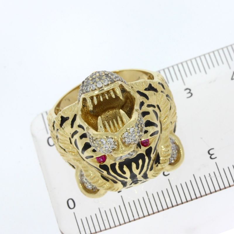 Tigerkopf‑Ring aus 585er Gold mit Zirkonia und Rubinen